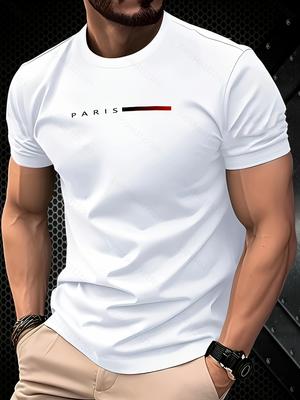 Men's Parisian Graphic T-shirt - White Short-sleeved Round-neck Casual Shirt with Red Accent and Logo Pure Cotton Short-sleeved