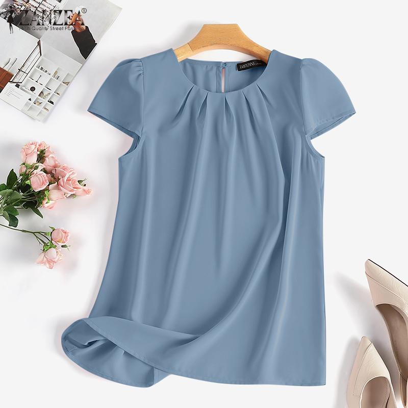 

ZANZEA Женская повседневная летняя блузка с круглым вырезом и короткими рукавами