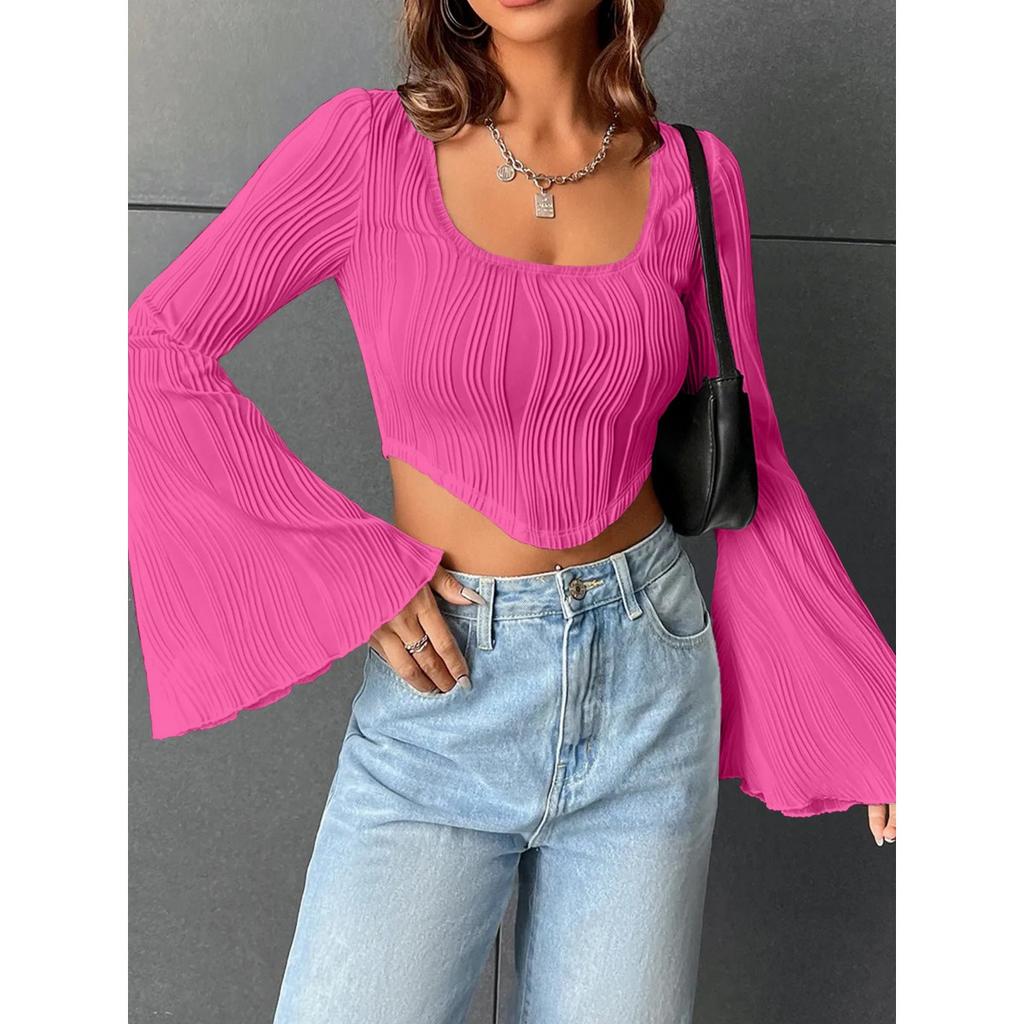Women's Solid Color U Neck Cropped Flare Long Sleeve T-shirt, Slim Fit Sexy Short Sleeve Top, Fashion Casual Streetwear for Women
