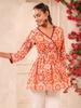 Lurex Orange Floral Printed V Neck Cotton Top