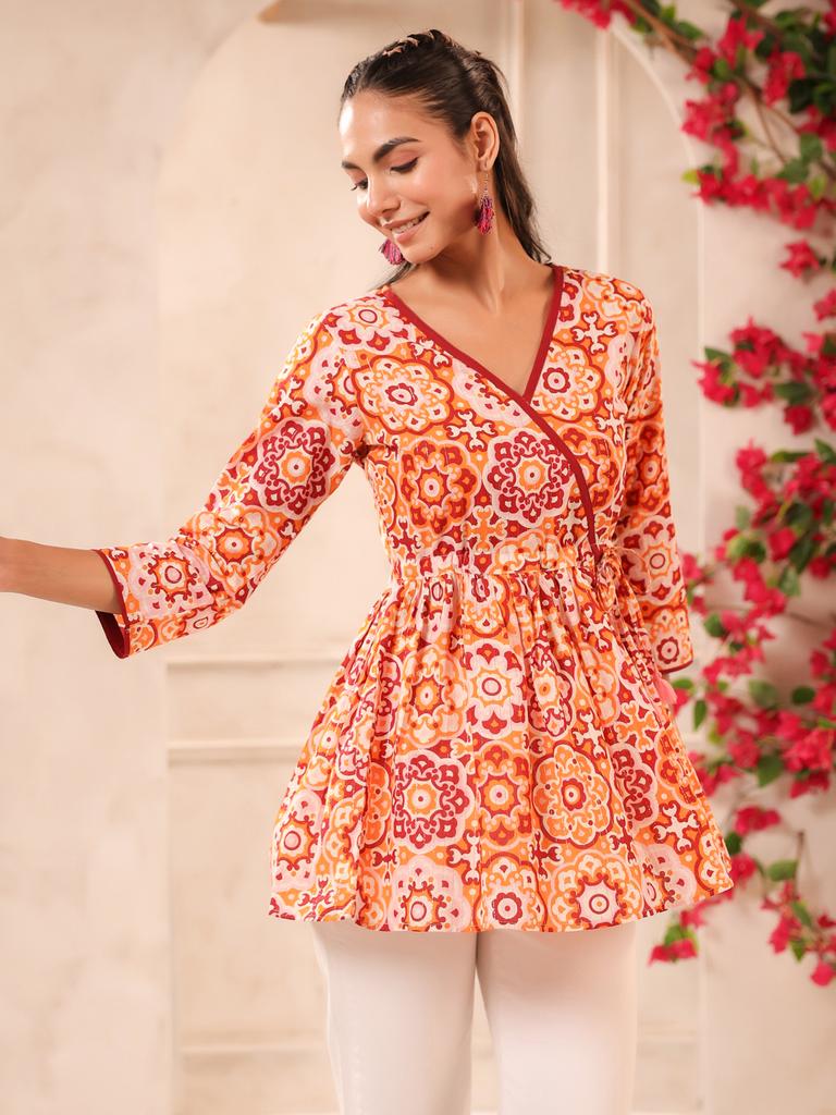 Lurex Orange Floral Printed V Neck Cotton Top