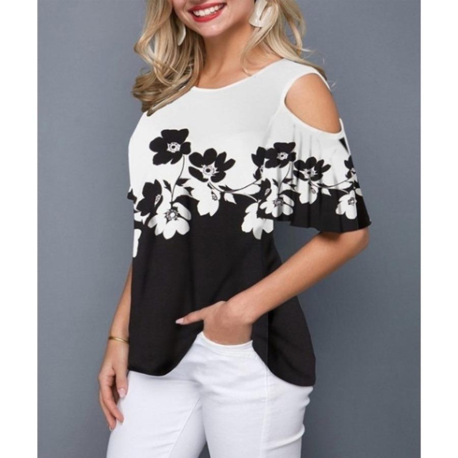 

Женская свободная футболка с коротким рукавом и цветочным принтом, летние сексуальные футболки с открытыми плечами больших размеров, топы с круглым вырезом 4XL