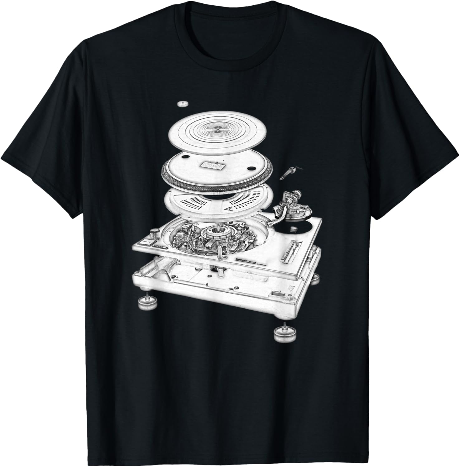 Turntable Exploded Blueprint DJ Graphic Tee Cotton Casual Short Sleeve TShirt S разноцветный