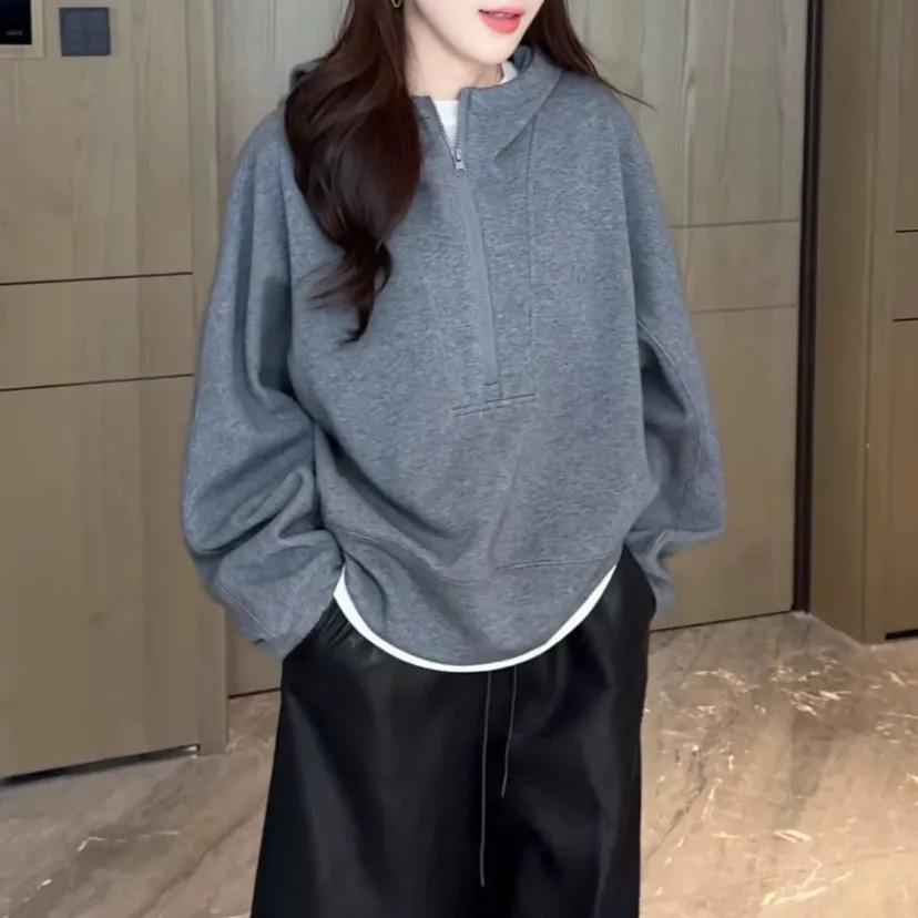 

Women s Autumn 2025 Trendy Loose Casual Half-Zip Hoodie 3XL сірий колір