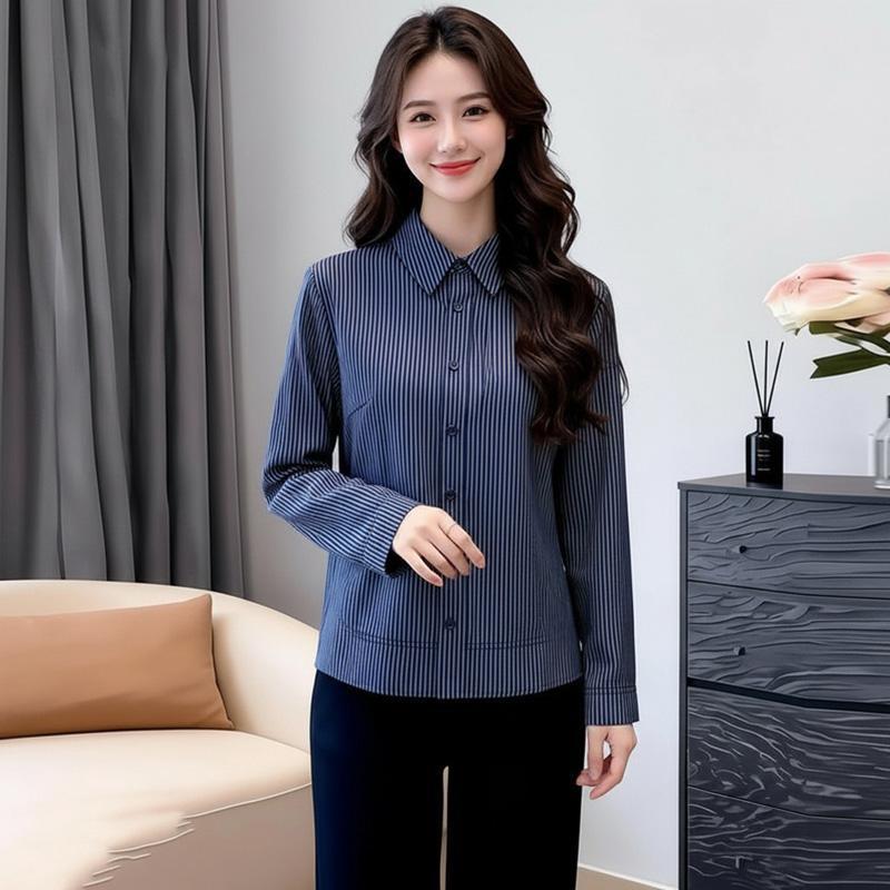 2025 Women's Fleece-Lined Long-Sleeve Shirt - Autumn/Winter Vertical Stripes, Lapel, Warm & Versatile for Commuting