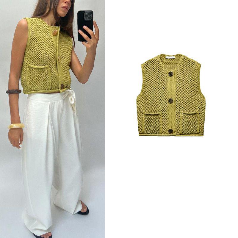 Spring New Women's Vest Loose and Idle Thick Needle Sleeveless V-neck Short Knitted Cardigan Top 5802112