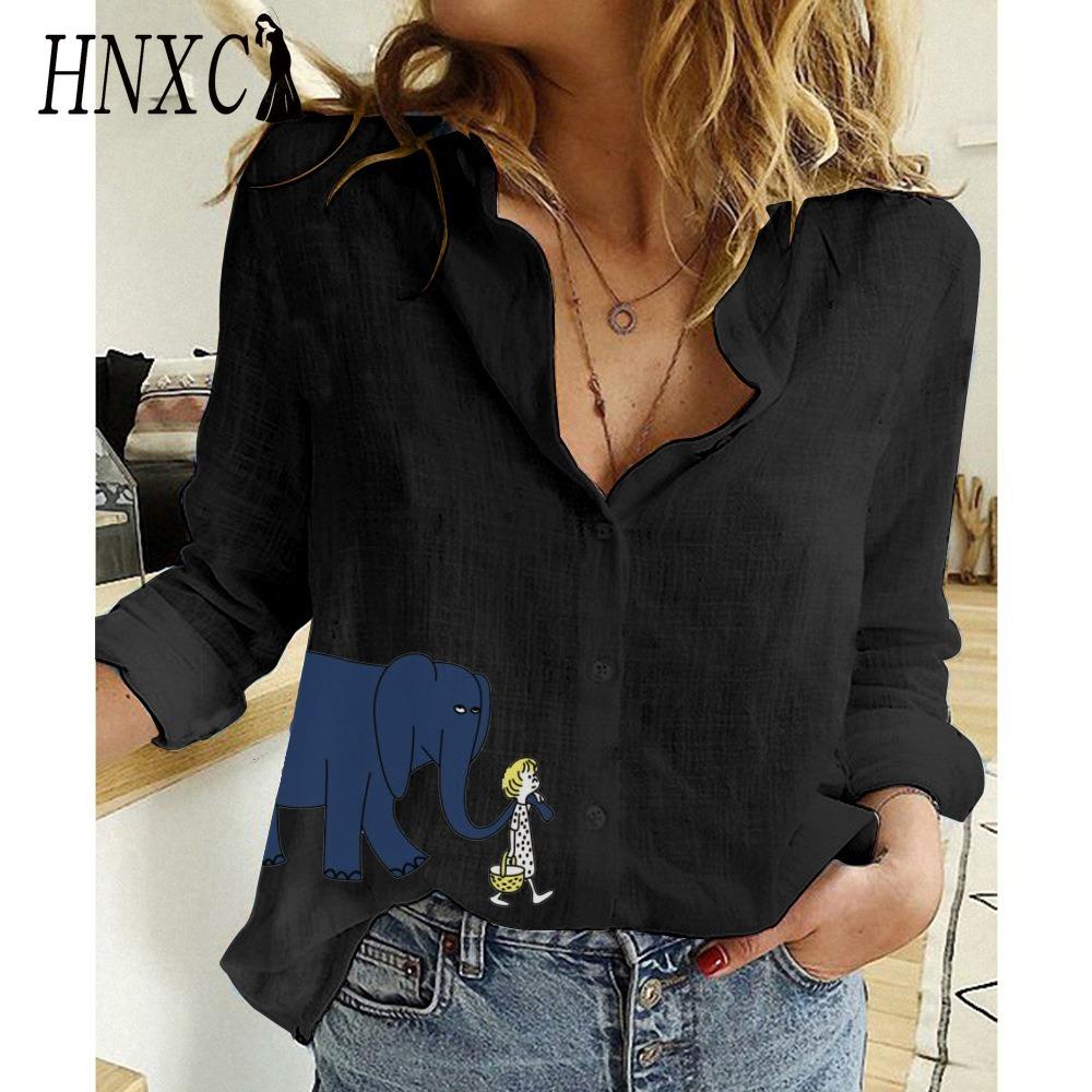 HNXC Women's Fashion Casual Blue Elephant Print Long Sleeve POLO Neck Blouses & Shirts