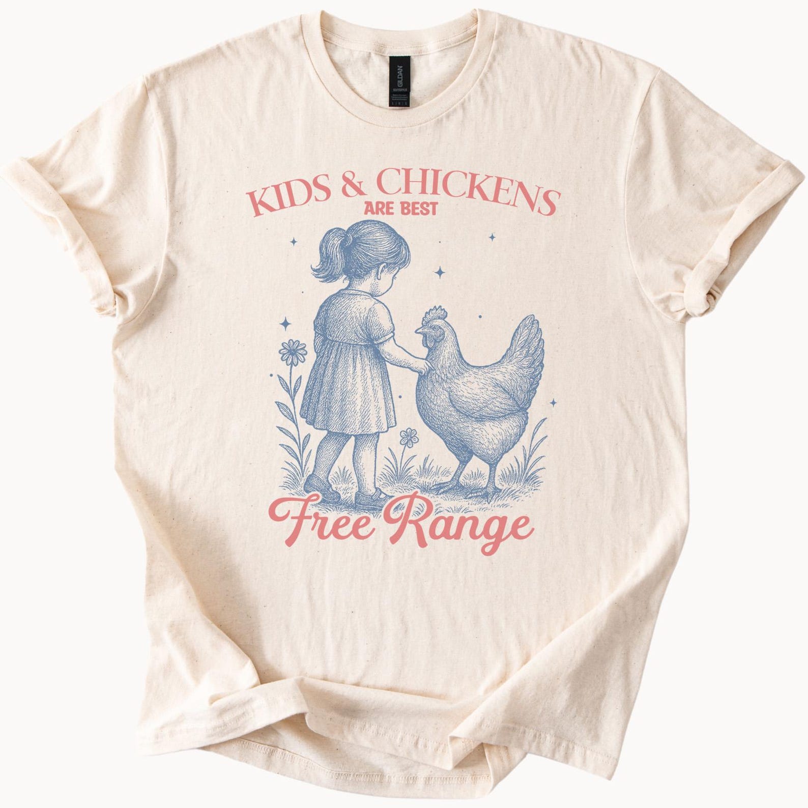 Kids and Chickens Free Range Graphic T Shirt Cute Farm Animal Illustration Country Life Tee Gift for Chicken Lovers Nature Shirt 100