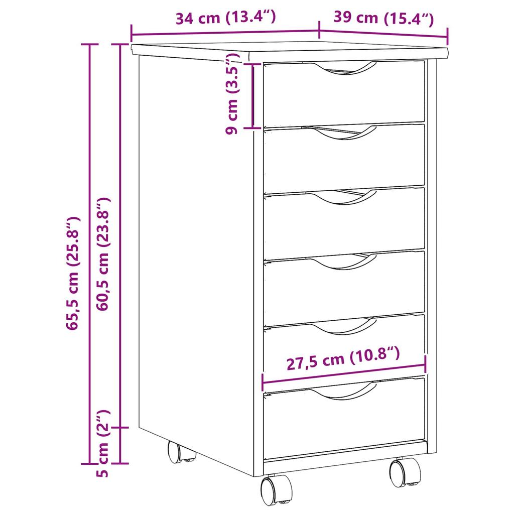 Rollbarer Aufbewahrungsschrank mit Schubladen MOSS Klarlack Finish 34 x 39 x 65,5 cm