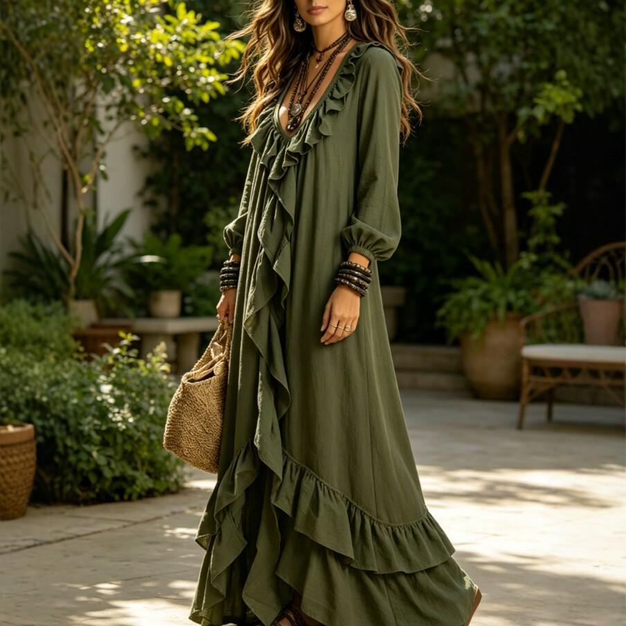 European and American casual bohemian urban V-neck long-sleeved ruffle edge retro long-sleeved dress