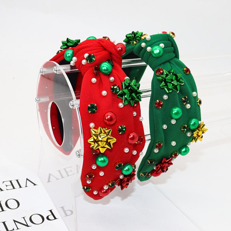European & American Christmas Pearl Flower Headband - Red & Green Trendy Accessory for Women