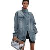 Relaxed Fit Distressed Denim Biker Jacket Women Short Cropped Stand Collar Casual Streetwear