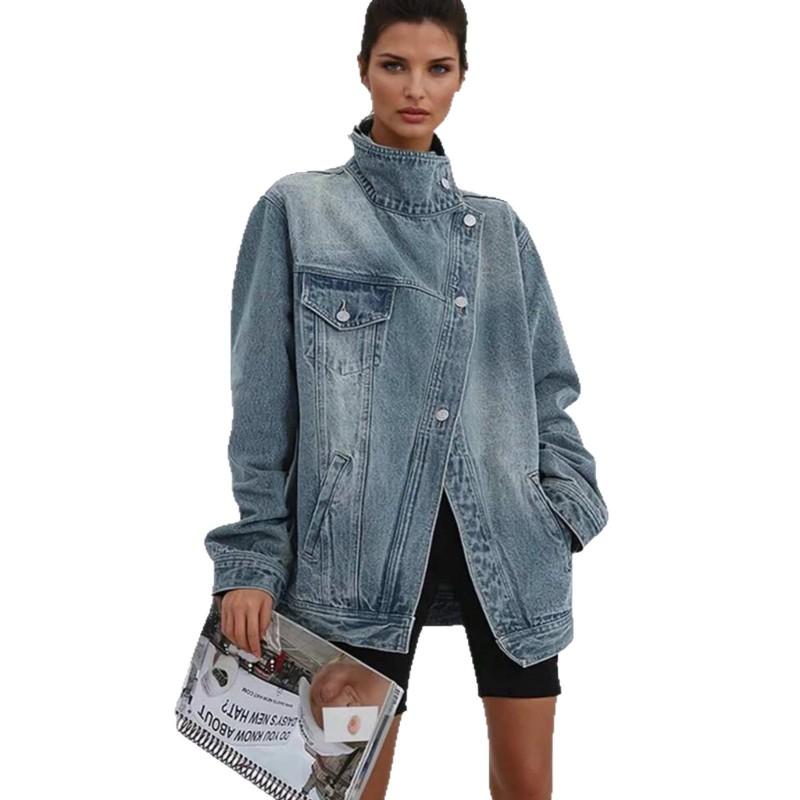 Relaxed Fit Distressed Denim Biker Jacket Women Short Cropped Stand Collar Casual Streetwear