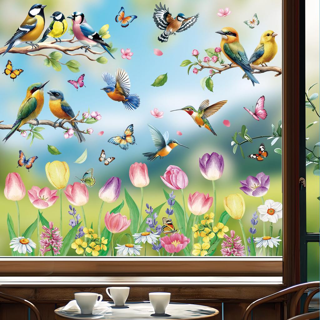 Spring 2026 New Butterfly Hummingbird Flower Static Cling Window Stickers for Home Decor Room Atmosphere