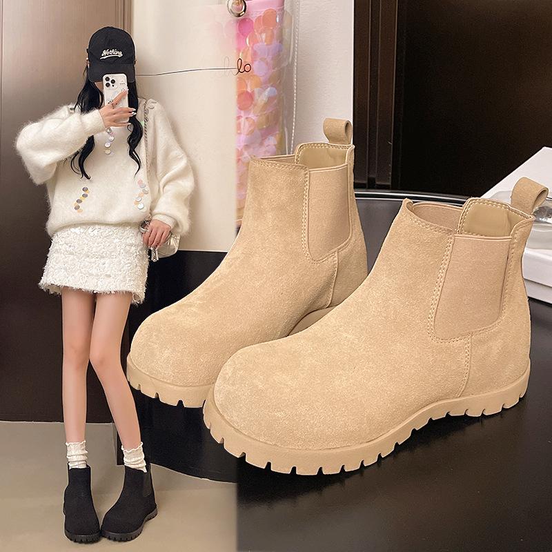 Retro Inner Heightening Chelsea Boots Women's Spring New Matte Leather Chimney Thick Heel Short Boots Children's Thick-soled Martin Boots