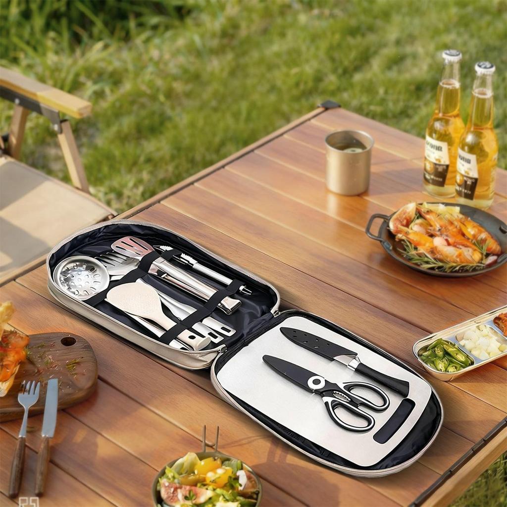 Portable Multi-Functional Camping Cookware Set with Knives and Storage Bag