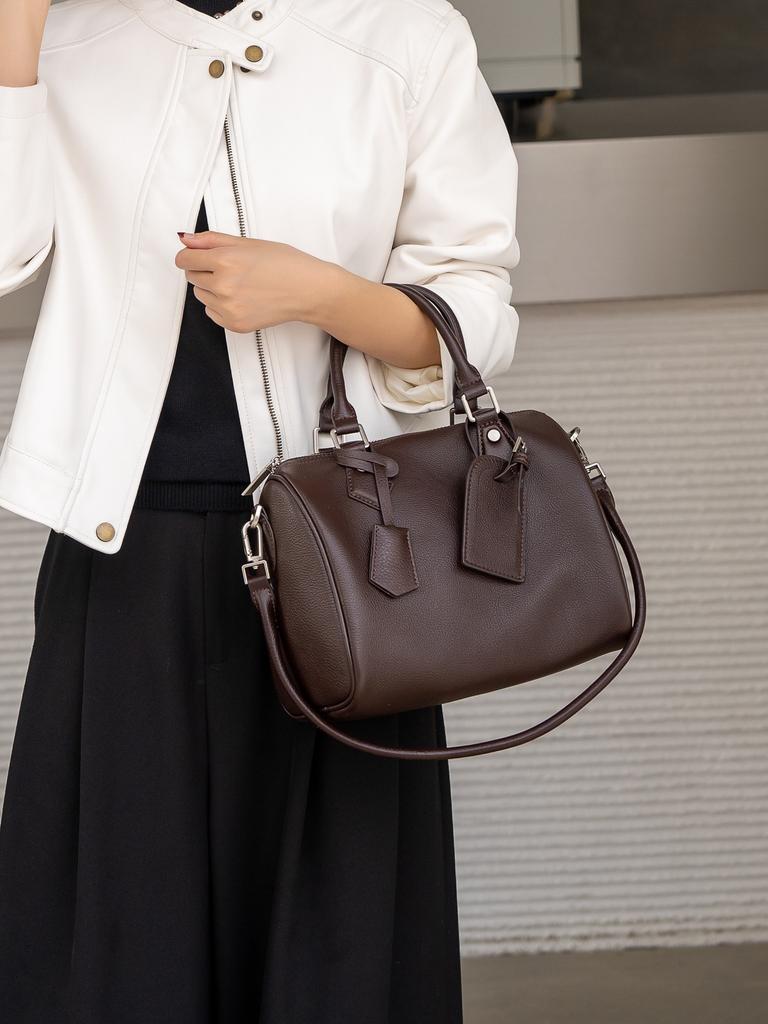 Retro First-Layer Cowhide Large-Capacity Boston Handbag Premium Shoulder Crossbody Pillow Bag Women'S Bag
