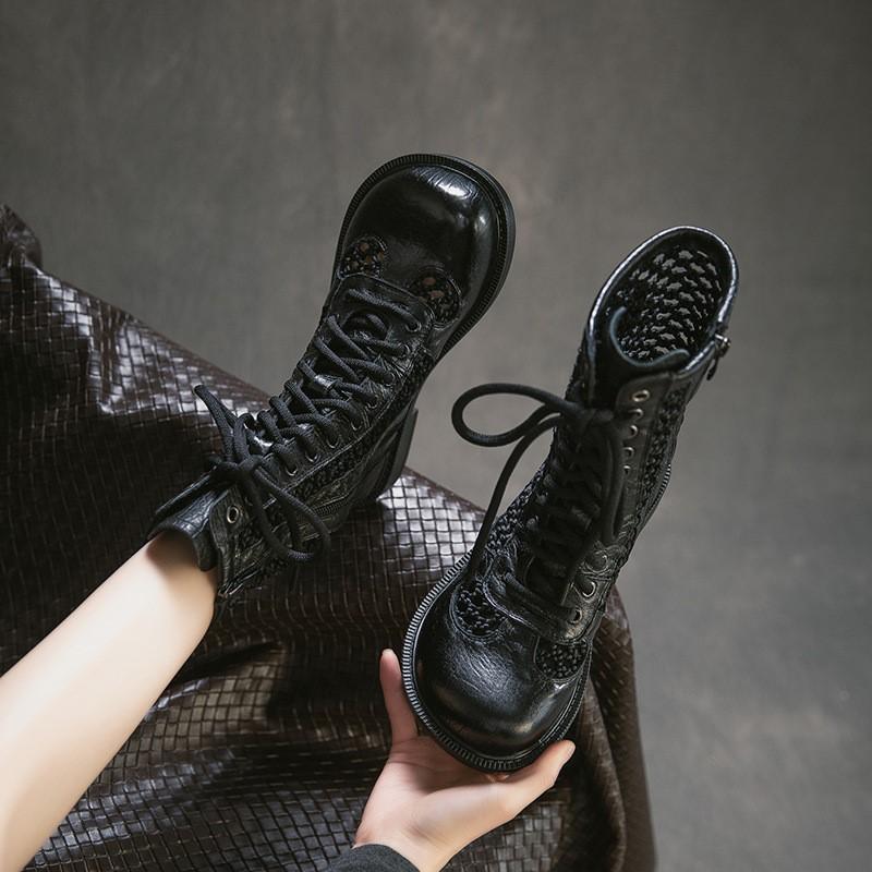 Johnature Retro Genuine Leather Hollow-out Breathable Summer Mid-calf Boots Versatile Fashion Women's Shoes