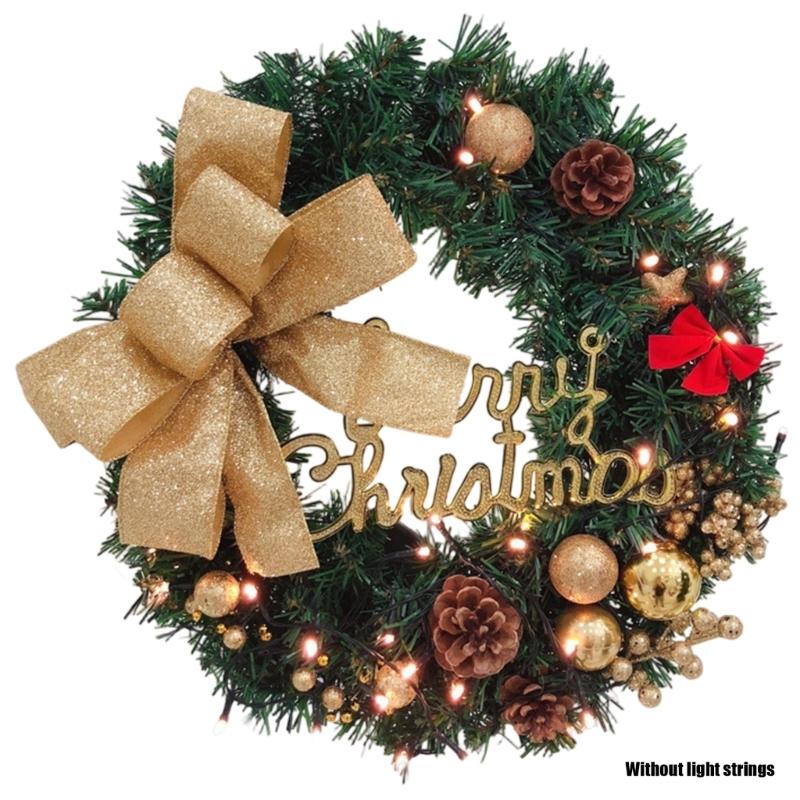 40cm Christmas Wreath with Big Bowknot Holiday Wreath Hanging Decoration for Door Mantels Wall Festival Celebration