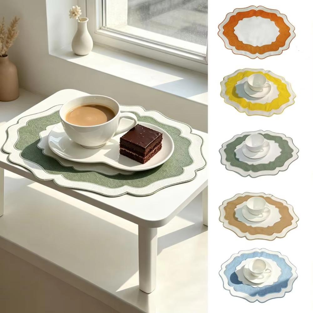 Heat Insulation Scalloped Linen Placemat Wear Resistant Machine Washable Textured Dining Placemat Restaurant Use