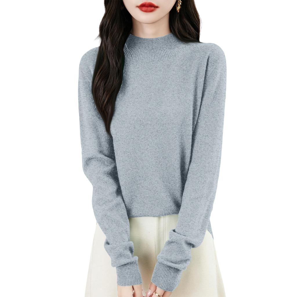 Women's Fashion Flat-Knit Half-Turtleneck Pullover Sweater Solid Color Long-Sleeve Top