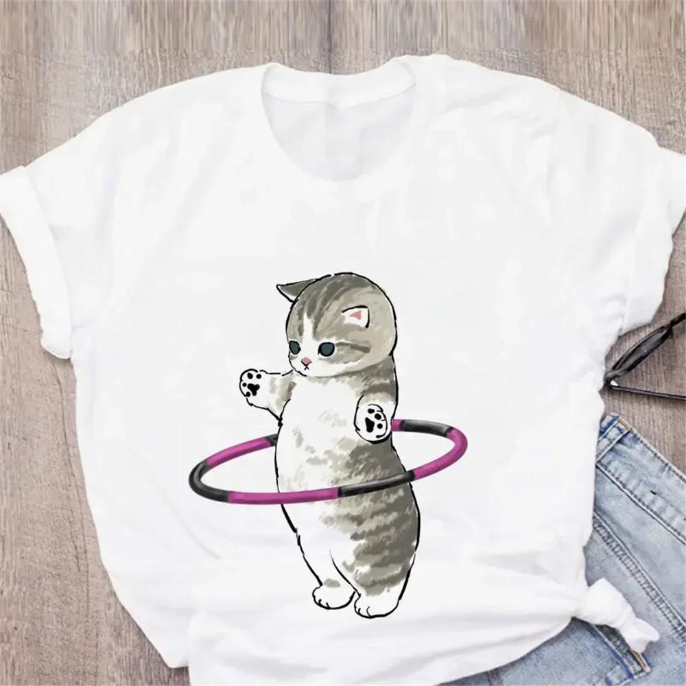 Pattern Printed Fashion Aesthetic Tops Tee Casual Cute Cat Funny Cartoon Womens Harajuku Short Sleeve Casual Aesthetic Clothes