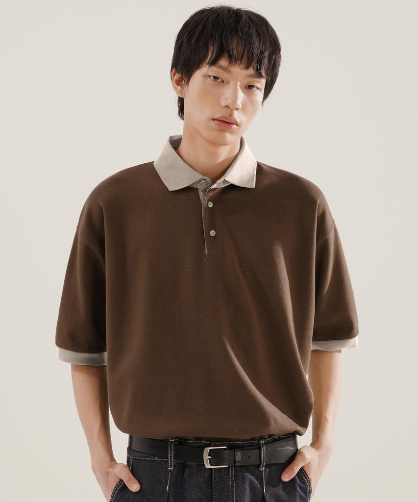 JEMUT Chess Ringer Collared Short Sleeve T-Shirt Brown Kjst2616