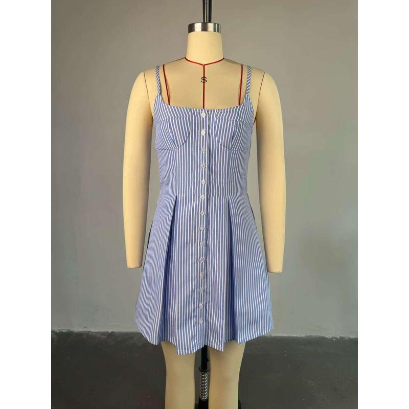 

Fashion New Arrival Fashion Stripes Dress Sexy Sling Dress Striped Sexy Backless Dress Blue S