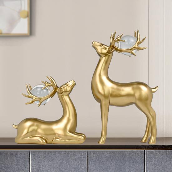 2Pcs Wealth Deer Ornament The Deer of Fortune Figurine Resin Modern Artistic Tabletop Deer Statue Gift for Birthday Housewarming