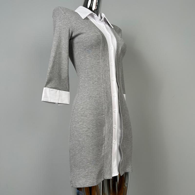 

Korean Sexy Faux Two-Piece Lapel Dress - Figure-Flattering & Feminine Design One Size серый