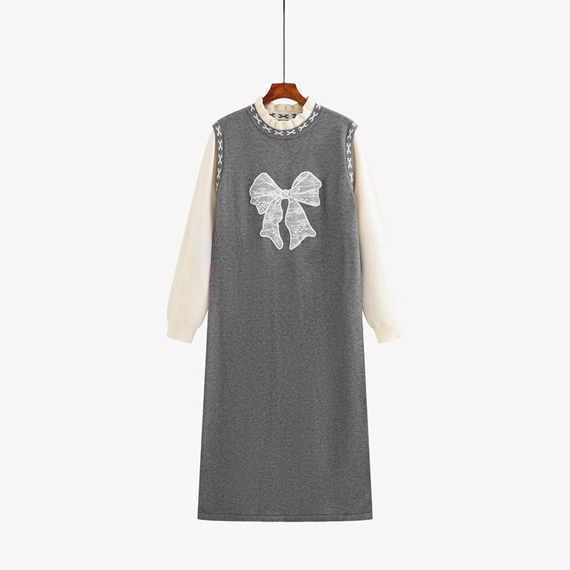 Plus Size Knit Dress - Round Neck, Ruffled Patchwork, Long Sleeve, Jacquard Bowknot (Winter 2025) XXXL (90-110kg) серый