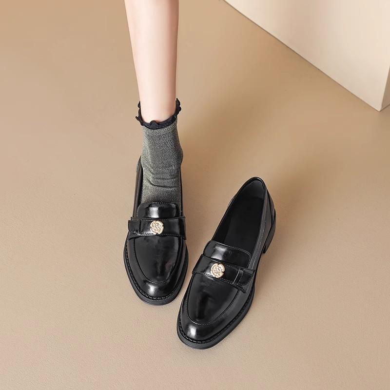 Ruodan, Left Bank Paris~! Bold Heel British Gold Buckle Loafers Women'S Small Leather Shoes Patent Leather Black Single Shoes