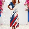 Women Plus Size V Neck Short Sleeve Beige Printed Loose Maxi Dress