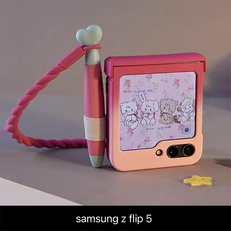 Para Capa Samsung z flip5 Capa de Telefone Fofa para Samsung Galaxy Z Flip5 com Caneta Stylus, Capas Kawaii z flip 5 Capa de Cor Gradiente Vermelho Rosa Coelho dos Sonhos 3D