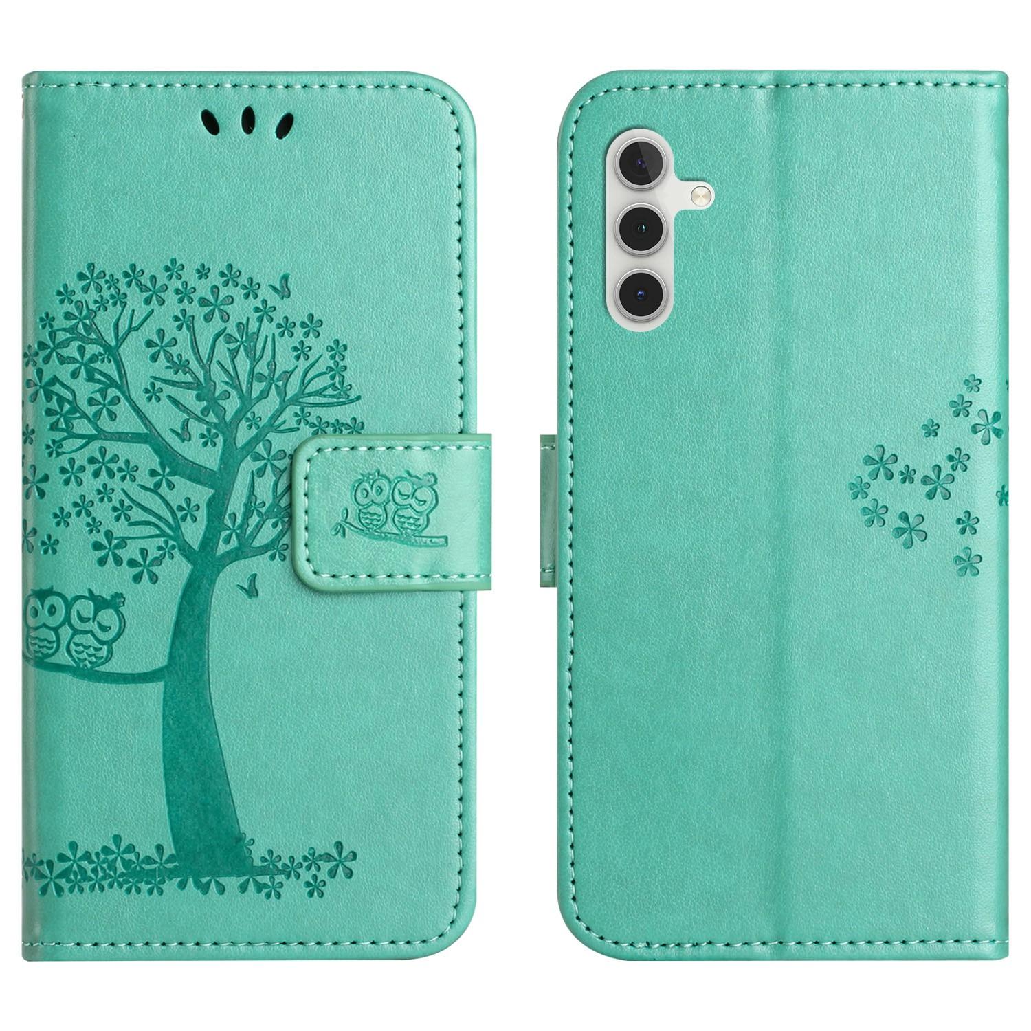 

For Samsung Galaxy A17/A26 5G Case PU Leather Owl Tree Imprinted Wallet Phone Cover Cyan