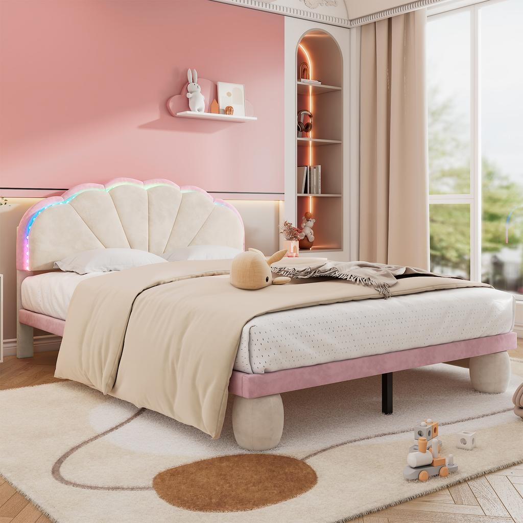 Upholstered Bed with Multicolor, Changing Light Strips, Headboard, with Upholstered Round Legs, Youth Bed, Double Bed, Velvet, Beige+pink, 140x200cm