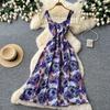 French holiday style red flower print sleeveless dress women's summer high waist A word thin dress