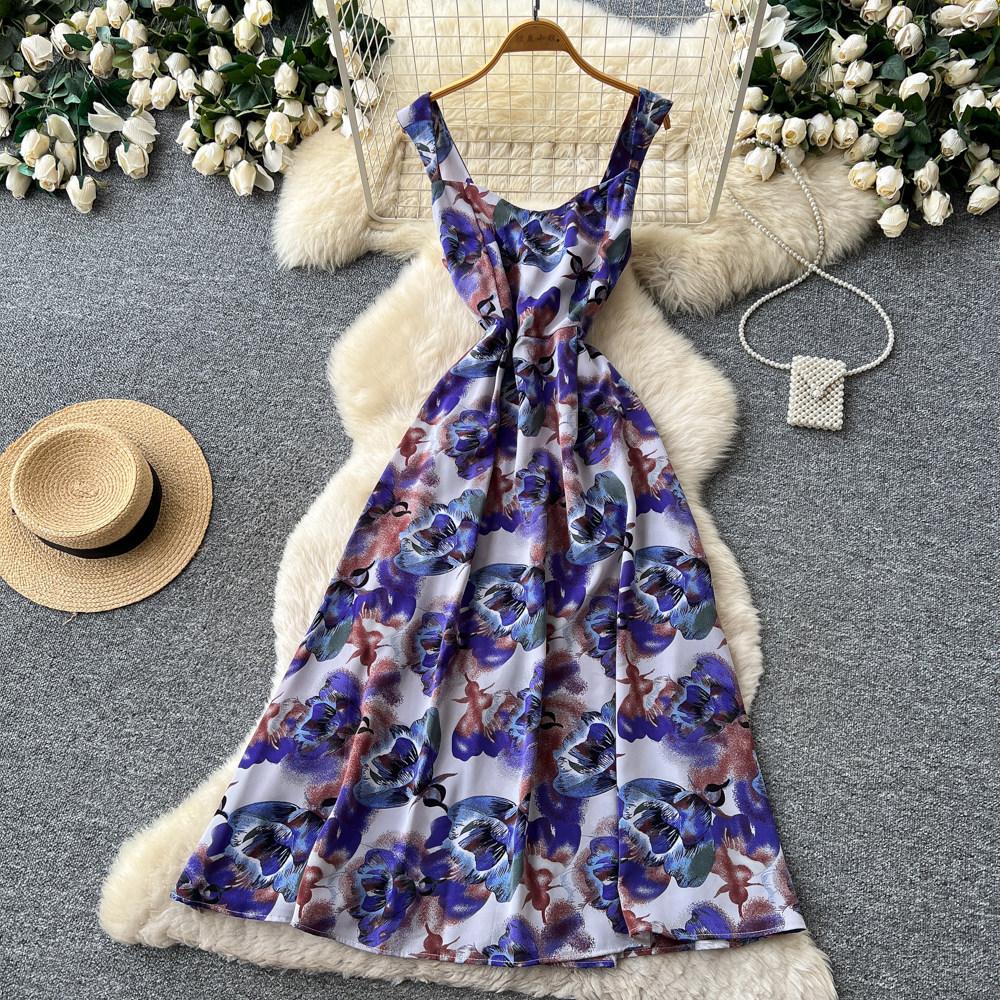 French holiday style red flower print sleeveless dress women's summer high waist A word thin dress
