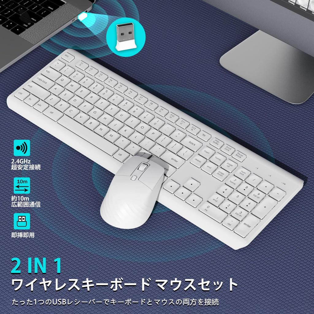 HUO JI Wireless Keyboard and Mouse Set, English Layout, Full-Size, Quiet Design, 2.4GHz Wireless, Thin, Ergonomic, Long-Lasting Use, Compatible with