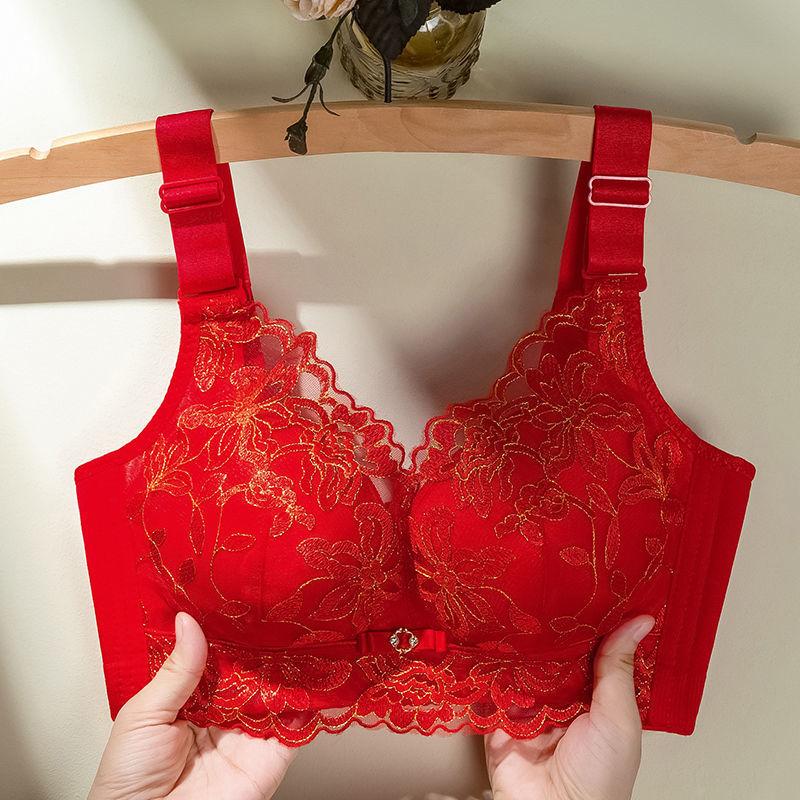 

Женское нижнее белье с маленькой грудью, утолщенное и регулируемое, без стального кольца, против провисания, с сексуальной вышивкой и женский бюстгальтер с двойной грудью 40B/90B красный