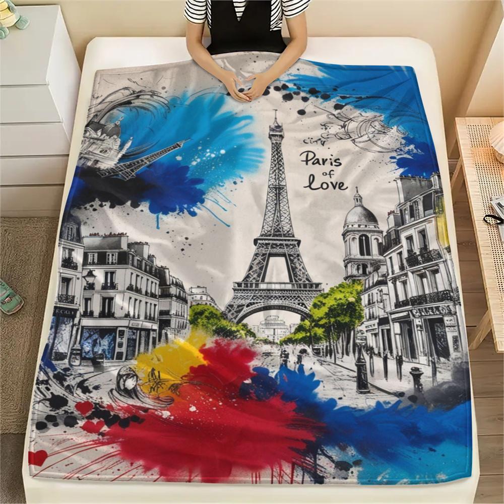 1Pc Eiffel Tower Art Print Flannel Blanket, High quality Comfortable for All Seasons, Home Decor, Warmth and Comfort, Perfect for Gifts