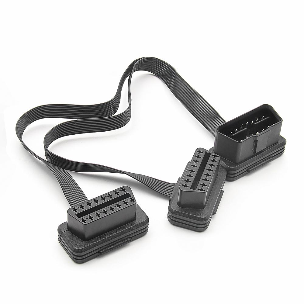 Flat+Thin 16Pin OBD 2 Extender Male To Dual Female Y Splitter OBDII Extension Connector Cable Car Scanner