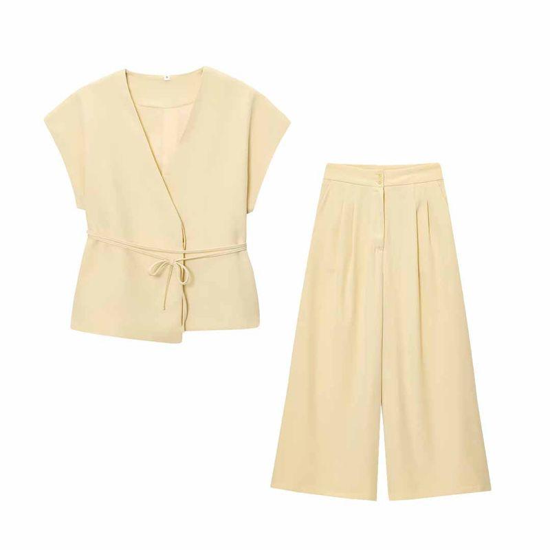Kaslead New Women clothes Western Style Double Placket Vest Outerwear Vest Wide Leg Pleated Pants High-Waisted Trousers
