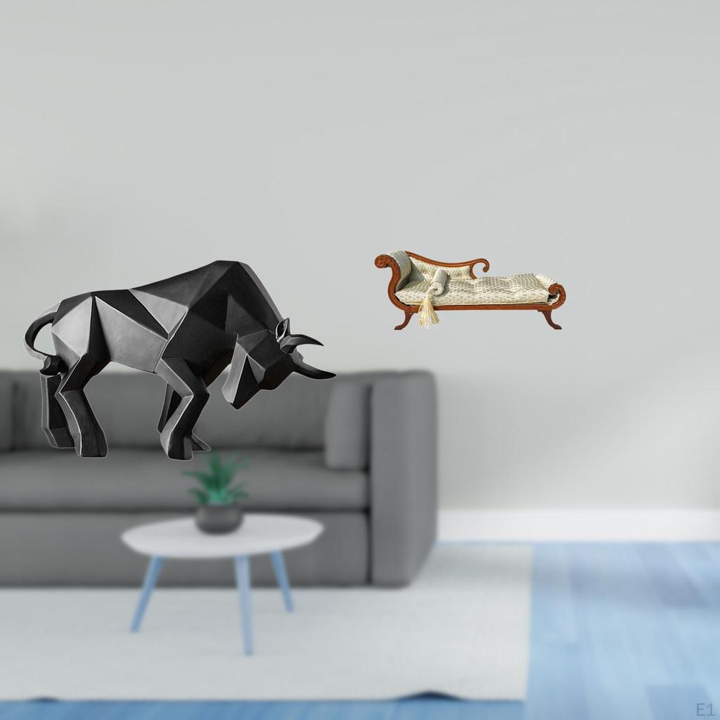 Modern Resin Bull Sculpture And Miniature Wooden Sofa Bed DIY Accs Abstract Figurine for Entryway