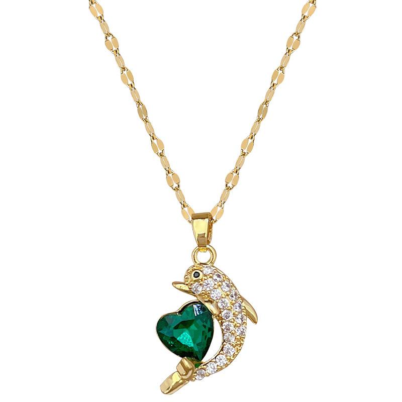 Green Love Dolphin Light Luxury Temperament Gorgeous Full Diamond Necklace Female Versatile Collarbone Chain Titanium Steel Chain