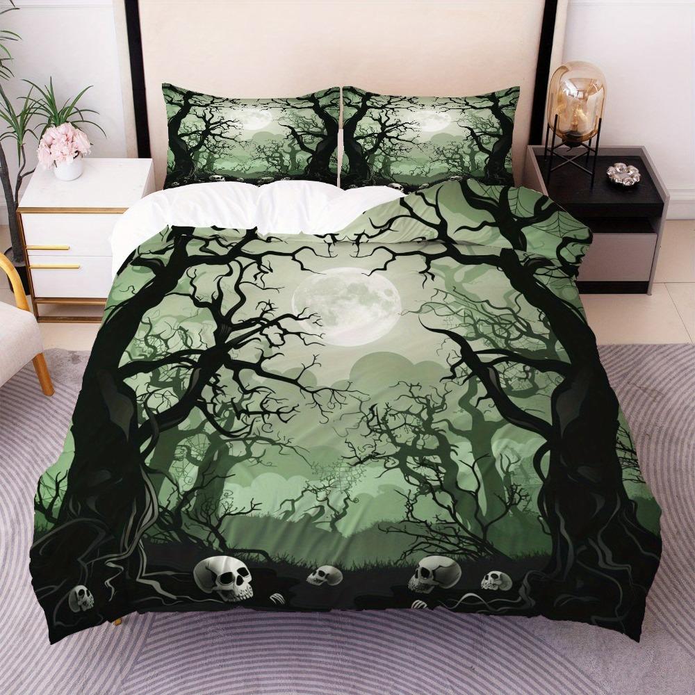 Halloween Bettwäsche-Set Schädel Nebel Wald Verwelkte Bäume Druck Gemütlicher Bettbezug King Queen Twin Größe Geburtstagsgeschenk Schlafzimmerdeko