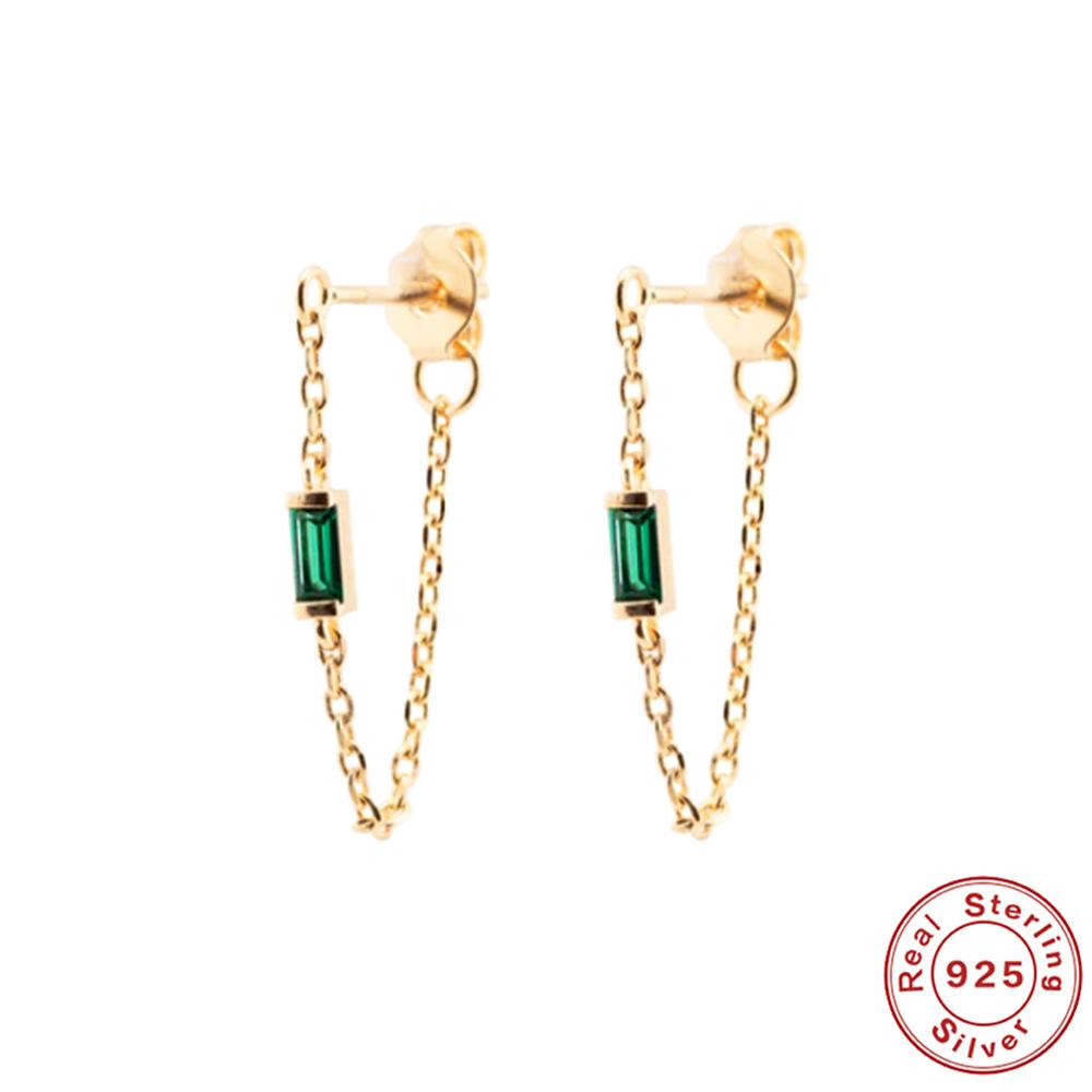 Suivez la tendance S925 Argent Sterling Chaîne simple Chaîne Boucles d'oreilles puces Zircon carré fin Écouteurs fins