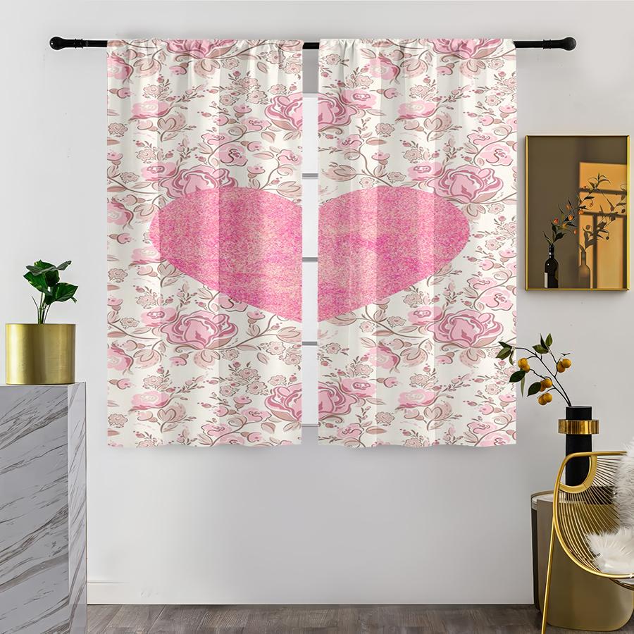 

Set Of 2 Pink Floral Heart Shaped Curtains Retro Sweet Style Bedroom Living Room Decorative Drawbar Pockets Made Polyester Window Treatment W100*H70(CM)-Hooks&1PCS