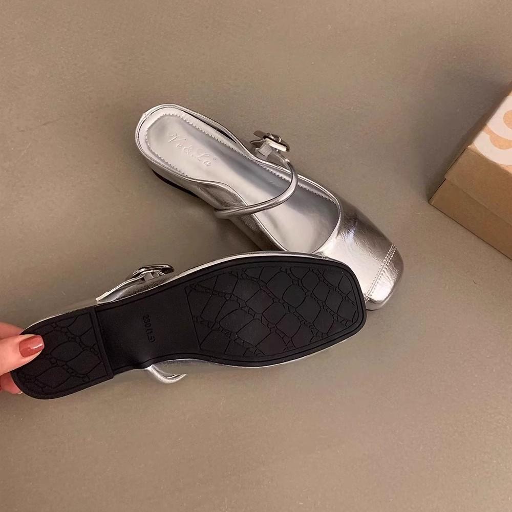 Korean version of one word with Mary Jane single shoes inner height increase women's shoes summer French silver half slippers bag head sandals women