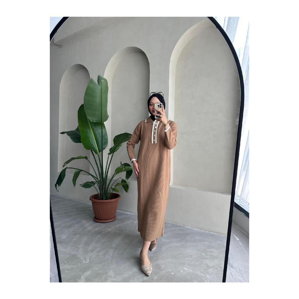 Übergroßes, geknöpftes V-Ausschnitt-Hijab-Kleid aus gerippter Strickware, geripptes langes Winterkleid in voller Länge